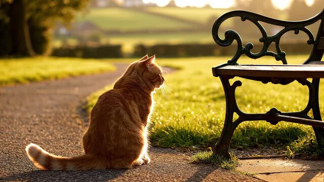 A serene scene of a cat sitting on a path beside a bench, looking away into a lush green landscape