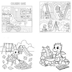 Obraz premium Cartoon dragon cooking and playground scene line art for kids coloring book with coloring page
