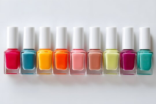 Row of assorted colorful nail polish bottles displayed on a white background