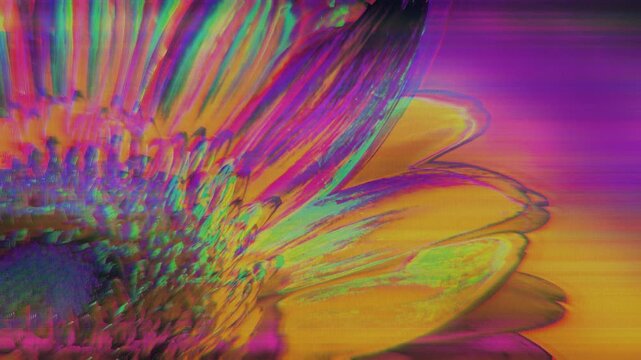 Floral digital distortion with neon colors and chromatic aberration pulsing across the frame. Looping botanical texture for summer festival flyer, rave poster, and motion graphics design.