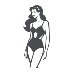 Logotipo con dibujo con líneas de una mujer con largo cabello y bikini de estilo retro, posando de pie © teracreonte