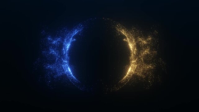 Abstract dual particle arcs in blue and gold forming a circular energy shape on a dark background. Dynamic glowing animation symbolizing balance, contrast, technology, and cosmic energy flow.