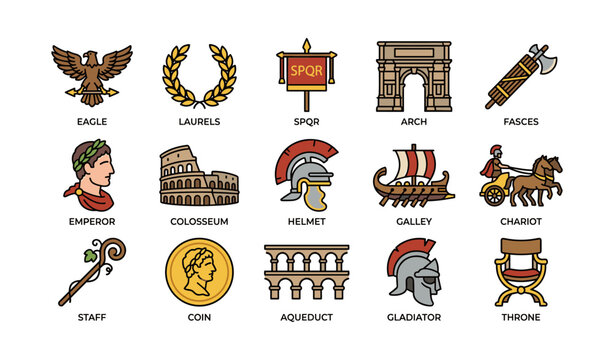 Ancient roman symbols collection: eagle, laurel, spqr, colosseum, gladiator