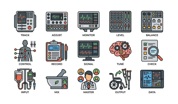 Collection of equipment and tools for sound, medical, and data management