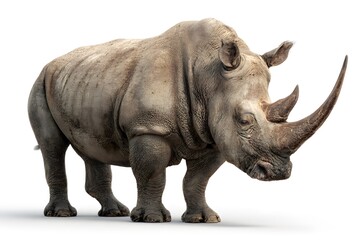 Obraz premium A large rhinoceros stands alertly on a white background