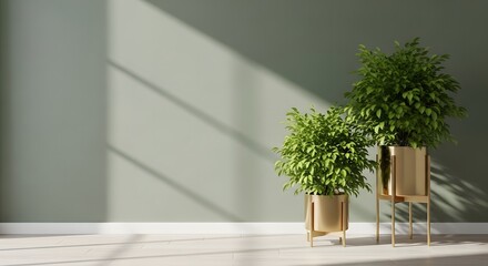 Fototapeta premium Two green plants in wooden planters on a tiled floor with sunlight casting shadows on the wall