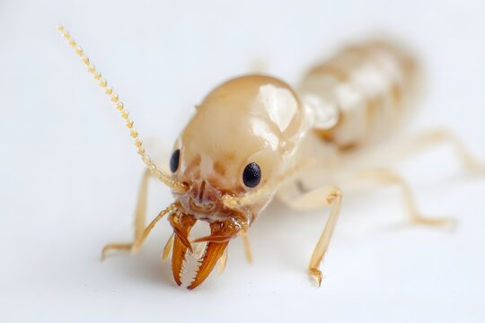 Close up macro shot of a soldier termite with large mandibles and antennae on a white background