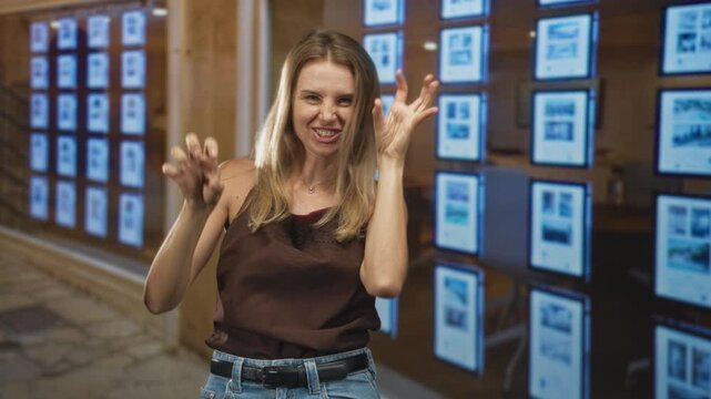 Blonde woman making clawing hand gesture and snarling facial expression in front of illuminated property listings at a street storefront; mischievous playfulness.