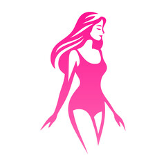 Logotipo con dibujo con líneas de una mujer con largo cabello y bikini de estilo retro, posando de pie © teracreonte