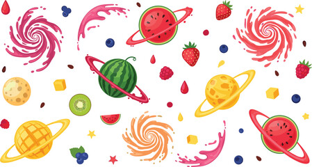 Colorful Fruit Galaxy Space Set with Watermelon, Mango, Kiwi and Berries as Planets with Cosmic Juice Swirls Vector Illustration © Sufea