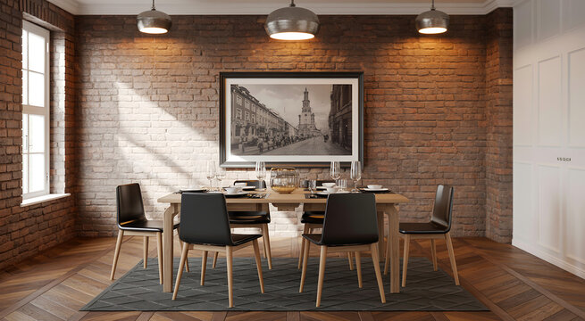 Modern Industrial Dining Room Interior with Red Brick Accent Wall and Wooden Table