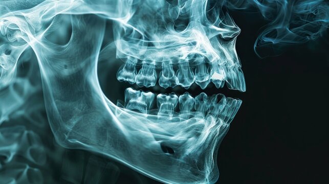 A blue X-ray image of the jaw and teeth highlights medical features and is used as an informative backdrop for educational materials or dental presentations.