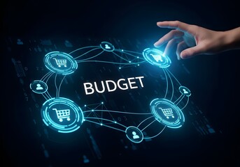 Obraz premium Hand interacting with glowing blue budget network diagram with shopping carts and people