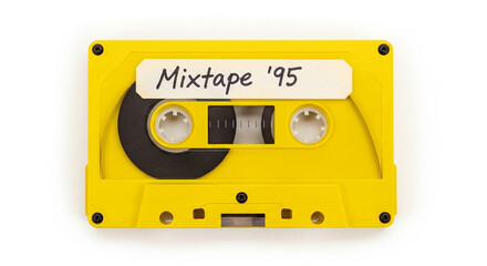 Naklejka premium A bright yellow vintage audio cassette tape with a handwritten 