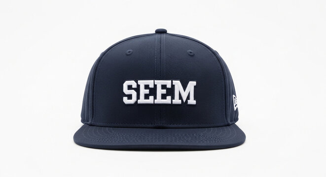 Minimalist navy blue snapback hat featuring white block letter embroidery on the front, isolated on a white background.