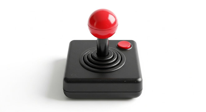 Classic 8-bit era gaming controller with a black square base and a red ball-top joystick, isolated on a clean white background.