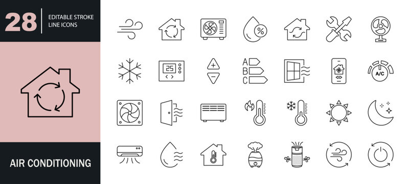 Air Conditioning icon set. Containing fan, wind, blow, air conditioner, cooling appliance, cooling fan, air cleaner, climate control, heating, and more. Editable line icons. Vector