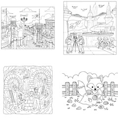 Obraz premium Detailed childrens coloring pages featuring city skyline and cute fox in nature line art designs