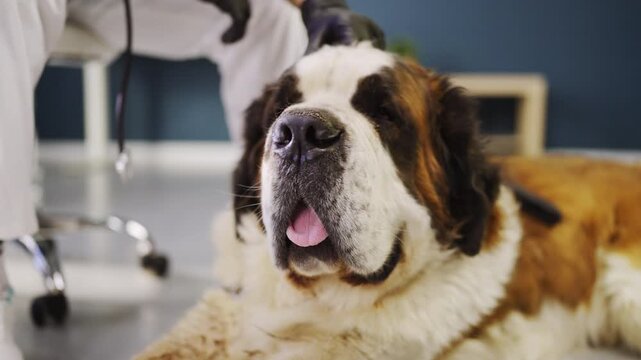 A man brushes a large St. Bernard dog in a pet grooming salon. The dog is calm as the man carefully removes loose fur. The setting is bright with grooming tools nearby.