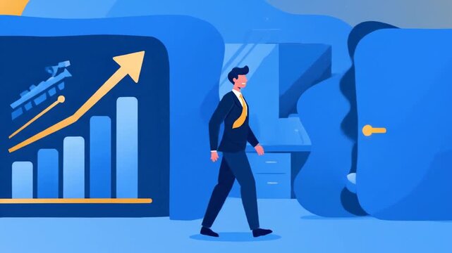 Businessman walking through stages of financial growth and success