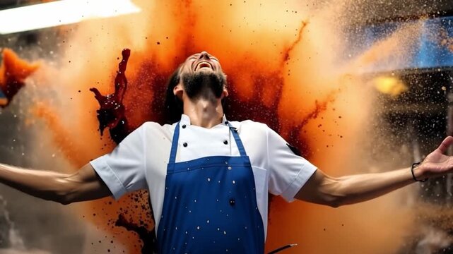 Watch a chef embody happiness in the kitchen. Enjoy bursts of color and flavor as he cooks with passion. This video captures the essence of culinary art. AI