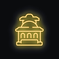 Naklejka premium Yellow glowing neon sign depicting a building facade with columns and a dome roof on a black background