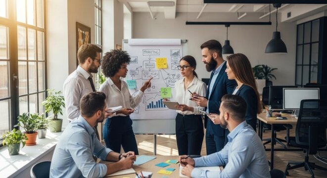 A diverse group of professionals discussing a business strategy on a flipchart in an office setting.