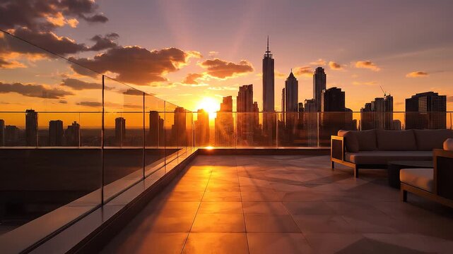 Rooftop terrace with glass railing and city skyline sunset