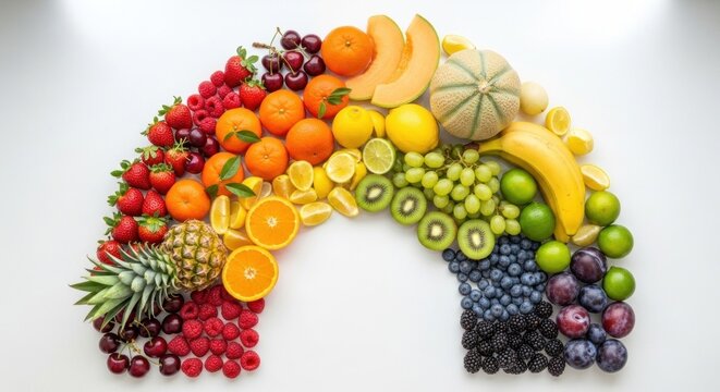 A rainbow of fruits arranged in a rainbow-like pattern on a white background.