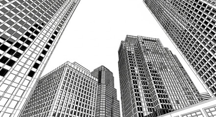 High-rise buildings converge towards the sky in a bustling city. © prastyo