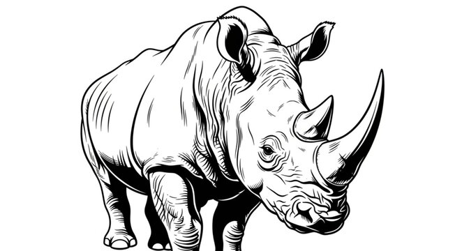 Detailed Line Art Depiction of a Powerful Rhinoceros.