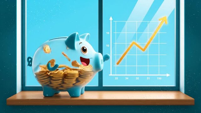 A smiling piggy bank sits on a windowsill with coins, looking at a rising graph.