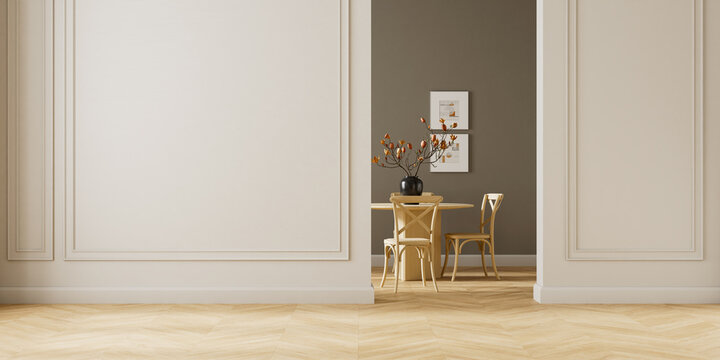 Modern contemporary dining room interior with large empty walls, strong negative space and table visible through doorway in minimalist apartment design. 3D illustration