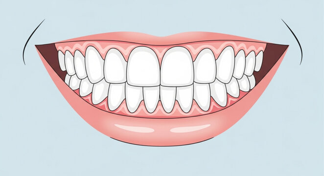 Illustration of a smiling mouth with healthy teeth and gums.