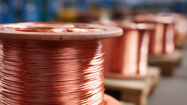 Close up of an insulated metallic wire spool, showcasing copper material on a wooden reel lined up with more spools in a factory setting