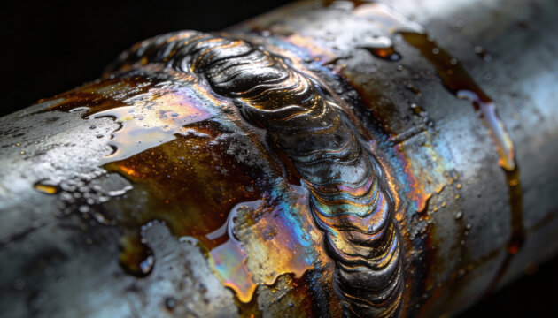 Supply chain reconnection stainless steel weld with iridescent oil sheen and textured bead conveying industrial repair