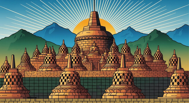 Detailed Illustration of Borobudur Temple with Stupas and Mountain Backdrop.