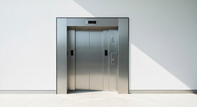 A modern elevator with closed metallic doors against a white wall, with a sunlight shadow