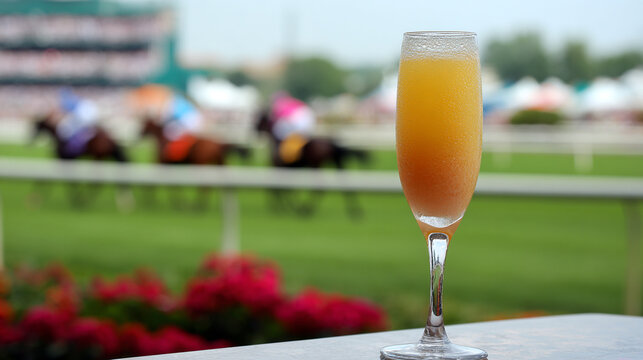 Mimosa Cocktail at Horse Race Event with Blurred Racetrack Background