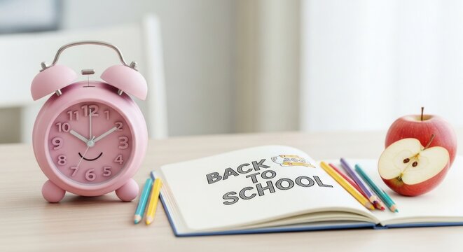 A pink alarm clock with a smiley face, an open notebook with the words 'Back to School' written on it, and a red apple on a wooden table.