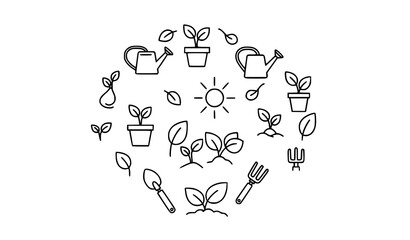 Fototapeta premium Plant care icon collection sprout gardening outline vector set