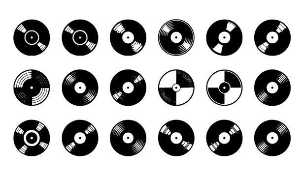 Vinyl record icon set LP disc retro music DJ vector illustration