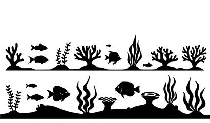 Ocean marine silhouettes fish coral seaweed vector collection © MdRoni