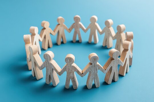 Unity in a Circle: A circle of wooden figures, hands clasped, stands as a visual metaphor for community, emphasizing connection, and the strength found in solidarity.