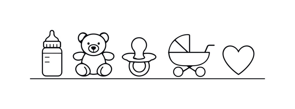 Child care and early childhood support ensuring safe nurturing environments and attentive daily care for young children, baby bottle, teddy bear, pacifier, baby stroller, and heart