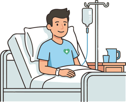 Vector illustration of a male patient resting in a hospital bed with an IV drip, smiling calmly. Clean cartoon style with soft colors, representing healthcare, recovery, and medical treatment in a cli