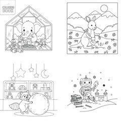 Obraz premium Elephant in tent, rabbit in field, robots and toys, night sky scene, coloring page