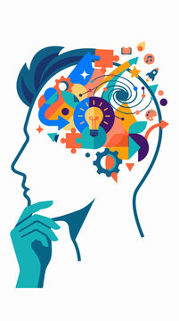 Thinking person profile with light bulb, puzzle pieces, and abstract icons