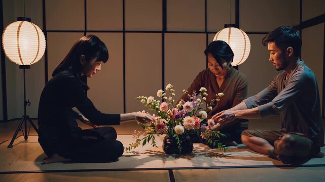 People Arranging Flowers Peacefully. Calm Group Of Individuals Creating Floral Arrangements Together. Tranquil Setting With Experts Orchestrating Traditional Ikebana Under Soft Lantern Glow