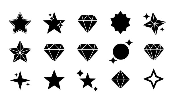 Black star and diamond icon set vector collection
